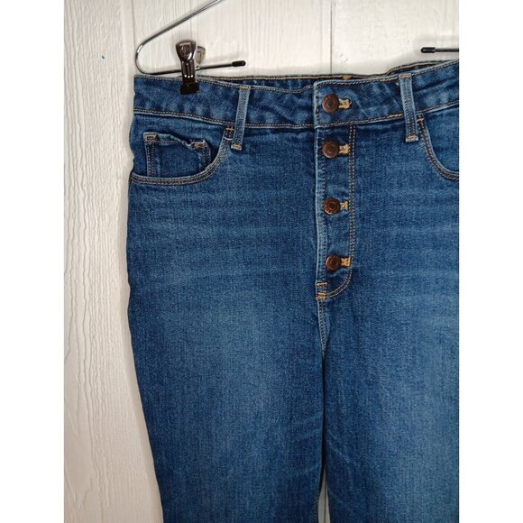 Old Navy Womens 12 Blue Denim Flare Extra High Rise Button Fly Jeans Stretch - Picture 2 of 6